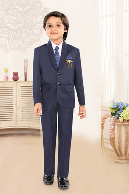 SEMINO 5 Piece Coat Pant Set with Brooch Solid Boys Suit