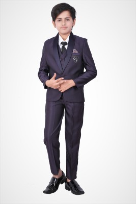 Fourfolds Fourfolds 5 Piece Coat Suit with Shirt Pant Blazer Waistcoat & Tie for Kids & Boys_123 Solid Boys Suit