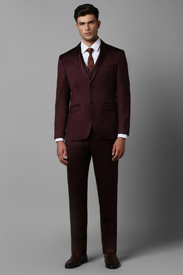 LOUIS PHILIPPE Men Maroon Slim Fit Solid Formal Three Piece Suit Solid Men Suit