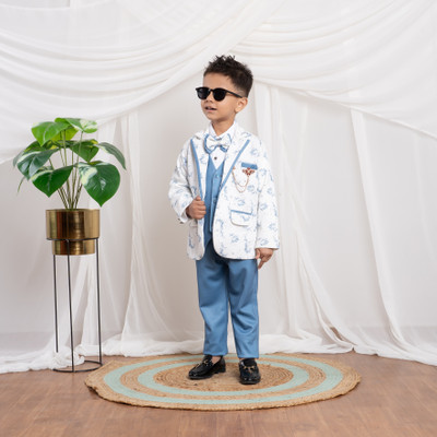 TEEN N TODDLER Six-Piece Suit with Printed Blazer, Waistcoat, Shirt, Bow, and Brooch Printed Boys Suit