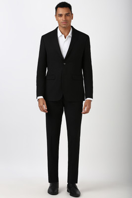 PETER ENGLAND Men Black Print Slim Fit Formal Two Piece Suit Solid Men Suit