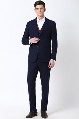 PETER ENGLAND Men Navy Textured Slim Fit Formal Three Piece Suit Solid Men Suit