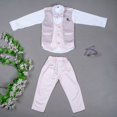 TEEN N TODDLER Five Piece Party Wear Patterned Waistcoat Suit Formal Shirt Bow, Brooch for Boys Solid Boys Suit