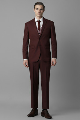 LOUIS PHILIPPE Men Maroon Slim Fit Solid Formal Three Piece Suit Solid Men Suit