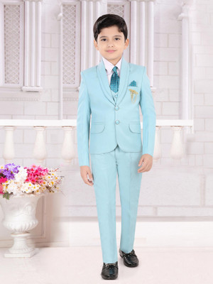 JOLEY POLEY Boys 5 Piece Suit Set - Coat Pant Set with Blazer, Waistcoat, Shirt, Pant & Tie Solid Boys Suit
