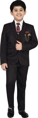 YoungYarns 5 Piece Coat Pant Suit for Boys | Blazer Shirt Trouser Waistcoat Tie & Brooch Solid Boys Suit