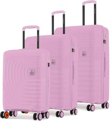 NASHER MILES Boston Hard-Sided Polypropylene Luggage Set of 3 Pink Trolley Bag(55, 65 & 75cm) Cabin & Check-in Set 8 Wheels - 28 inch