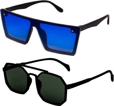 TheWhoop Rectangular Sunglasses(For Men & Women, Blue, Green)