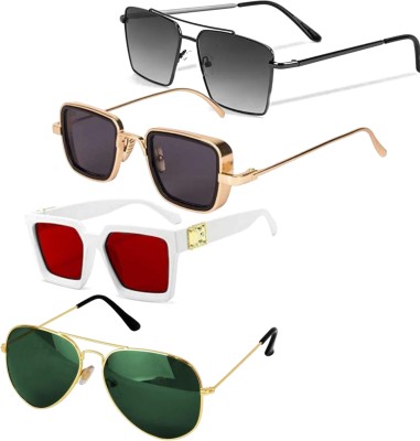 Kc Mithila Retro Square, Rectangular, Oval, Round, Over-sized, Shield Sunglasses(For Men & Women, Black, Red, Green)