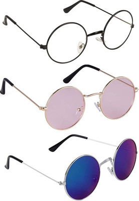 Whay Round Sunglasses(For Men & Women, Clear, Pink, Blue)