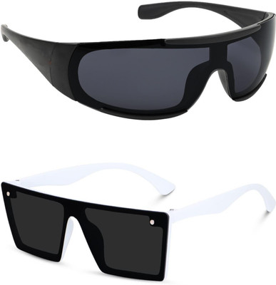 EDENSCOPE Retro Square, Sports, Wayfarer, Rectangular Sunglasses(For Men & Women, Black, Black)