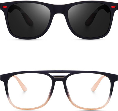 EDENSCOPE Retro Square, Sports, Wayfarer, Rectangular Sunglasses(For Men & Women, Black, Clear)