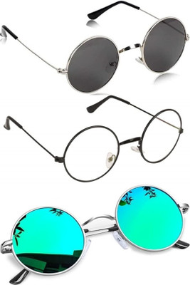 shah collections Round Sunglasses(For Men & Women, Blue, Black, Clear)