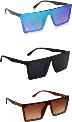 PC STAR Rectangular Sunglasses(For Men & Women, Black, Blue, Brown)