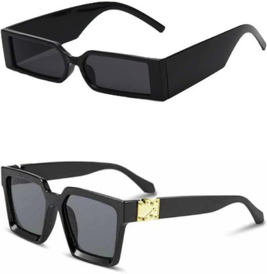 Rozti Rectangular, Retro Square Sunglasses(For Men & Women, Black, Black)
