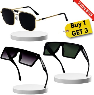 TheWhoop Rectangular, Aviator Sunglasses(For Men & Women, Black, Green)