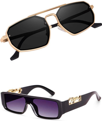 Rozti Retro Square, Wayfarer, Rectangular Sunglasses(For Men & Women, Black, Black)