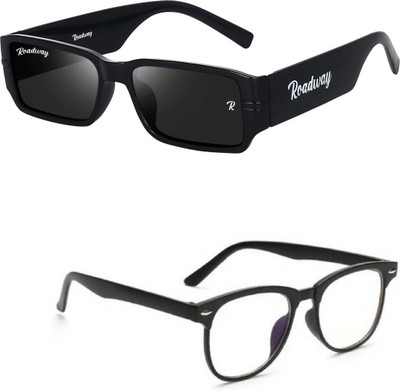 ROADWAY Rectangular, Retro Square Sunglasses(For Men & Women, Clear, Black)
