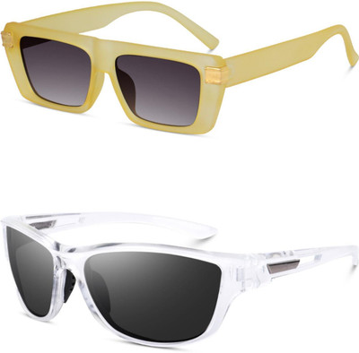 EDENSCOPE Retro Square, Sports, Wayfarer, Rectangular Sunglasses(For Men & Women, Grey, Black)