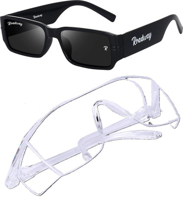ROADWAY Rectangular, Retro Square Sunglasses(For Men & Women, Clear, Black)