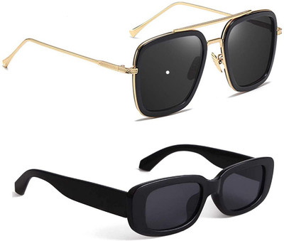 SRPM Retro Square, Rectangular Sunglasses(For Men & Women, Black)