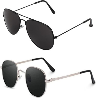 The Studded Aviator, Round Sunglasses(For Men & Women, Black)