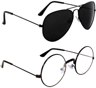 shah collections Aviator, Round Sunglasses(For Men & Women, Clear, Black)