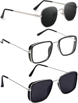 shah collections Round, Rectangular Sunglasses(For Men & Women, Black, Clear)