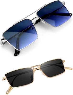 ROADWAY Retro Square, Wrap-around, Rectangular, Cat-eye Sunglasses(For Men & Women, Black, Blue, Black)