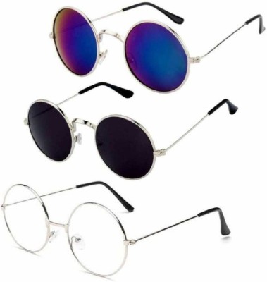 sunwear Round, Round Sunglasses(For Men & Women, Blue, Blue, Clear)