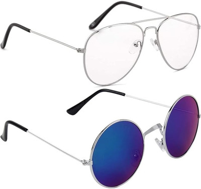 shah collections Aviator, Round Sunglasses(For Men & Women, Blue, Clear)