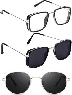 shah collections Round, Rectangular Sunglasses(For Men & Women, Black, Clear)