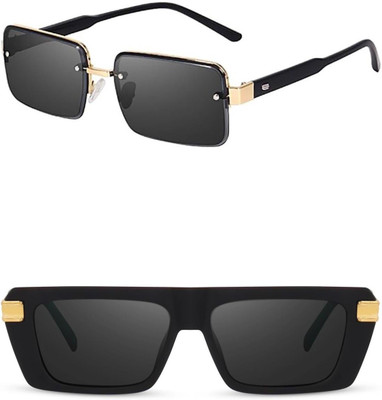 Rozti Rectangular, Retro Square, Rectangular, Retro Square, Wayfarer Sunglasses(For Men & Women, Black, Black)