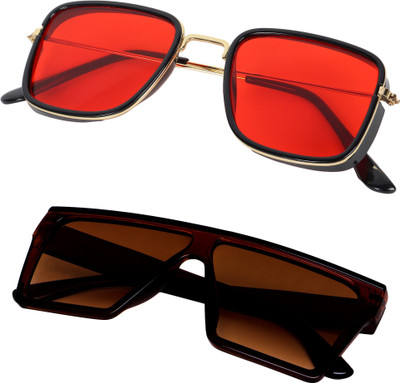 TheWhoop Rectangular Sunglasses(For Men & Women, Red, Brown)