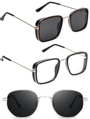 shah collections Round, Rectangular Sunglasses(For Men & Women, Black, Clear)