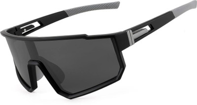 Buddyeye Sports, Wrap-around, Over-sized, Shield, Rectangular Sunglasses(For Men & Women, Black)
