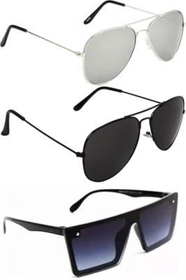 Whay Aviator, Rectangular Sunglasses(For Men & Women, Silver, Black)