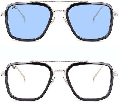 mashamart Retro Square Sunglasses(For Men & Women, Clear, Blue)