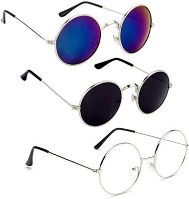 shah collections Round Sunglasses(For Men & Women, Blue, Black, Clear)