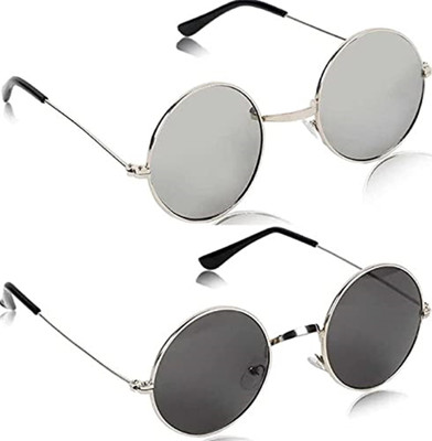shah collections Round Sunglasses(For Men & Women, Silver, Black)