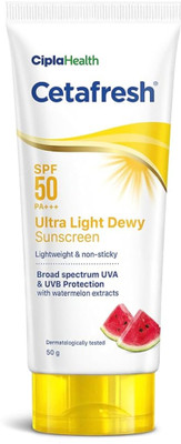 Cipla Sunscreen - SPF 50 PA+++ Cetafresh Ultra Light Dewy Sunscreen | Lightweight & Non-sticky | Pack of 1(50 g)