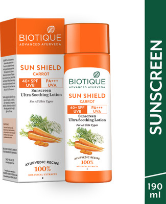 BIOTIQUE Sunscreen – SPF 40+ PA+++ Sun Shield Carrot Lotion UVB/UVA | Ultra Protective Sunscreen|For men & Women(190 ml)