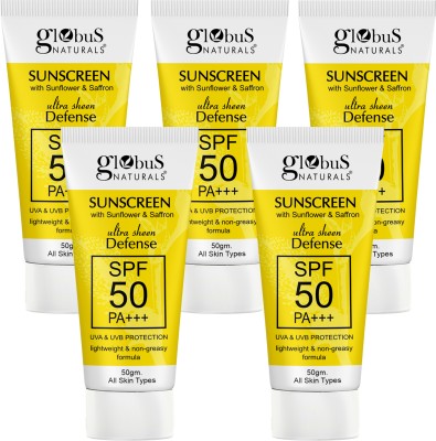 Globus Naturals Sunscreen - SPF 50 PA+++ Sunscreen with Ultra Sheen Defense, UVA & UVB Protection, Set of 5(250 g)