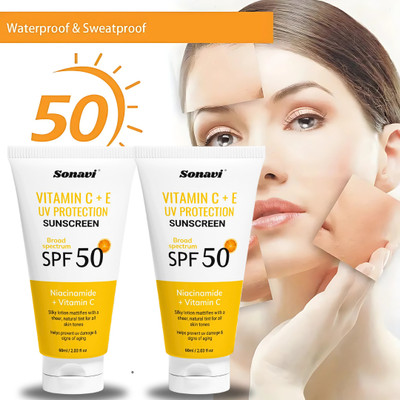 Sonavi Sunscreen – SPF 50+ PA+++ Sunscreen Cream Daily Glow With Vitamin C+E For Sun Protection  (120 Ml) For Rs. 110 @ 82 %