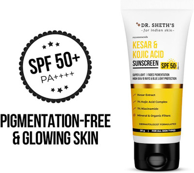 Dr. Sheth’s Sunscreen - SPF 50 PA++++ Kesar & Kojic Acid Sunscreen | For Pigmentation-Free Skin | No White Cast(30 ml)