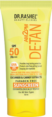 DR.RASHEL Sunscreen - SPF 50 PA+++ Skin Hydrating De-Tan Sunscreen SPF 50 PA++ with Cucumber & Carrot Extract(100 ml) DR.RASHEL Sunscreen - SPF 50 PA+++ Skin Hydrating De-Tan Sunscreen SPF 50 PA++ with Cucumber & Carrot Extract(100 ml)