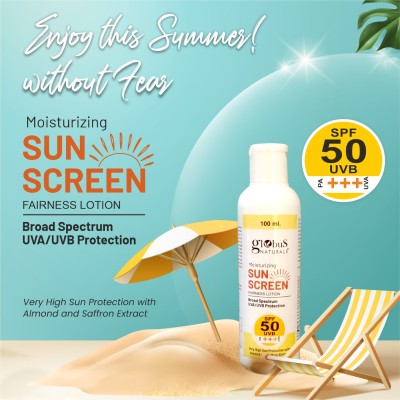 Globus Naturals Sunscreen - SPF 50 Sunscreen with Fairness SPF 50 PA+++ Sun Protection with Almond & Saffron(100 ml)