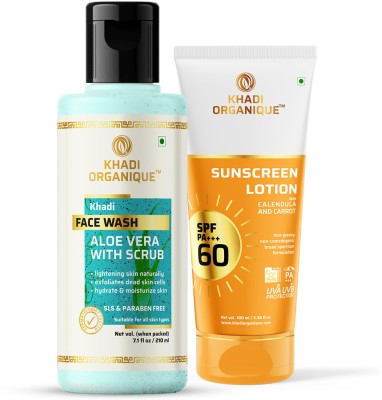 khadi ORGANIQUE Sunscreen - SPF 60 PA+++ Aloevera Face Wash With Scrub & Sunscreen Body Lotion/cream(310 ml)