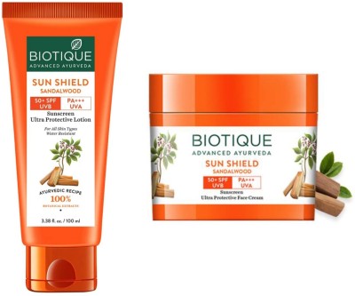 BIOTIQUE Sunscreen - SPF 50+ PA+++ Sun Shield Sandalwood Sunscreen Ultra Protective Lotion -100ml & Cream -50ml(150 ml)