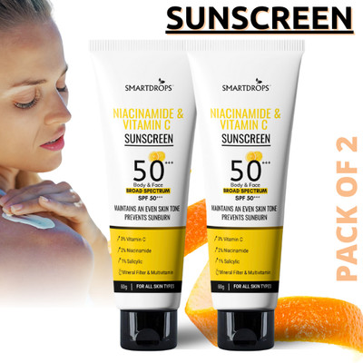 smartdrops Sunscreen - SPF 50 PA+++ Sunscreen with Niacinamide and Vitamin C for Brightening and Skin Protection(120 g)